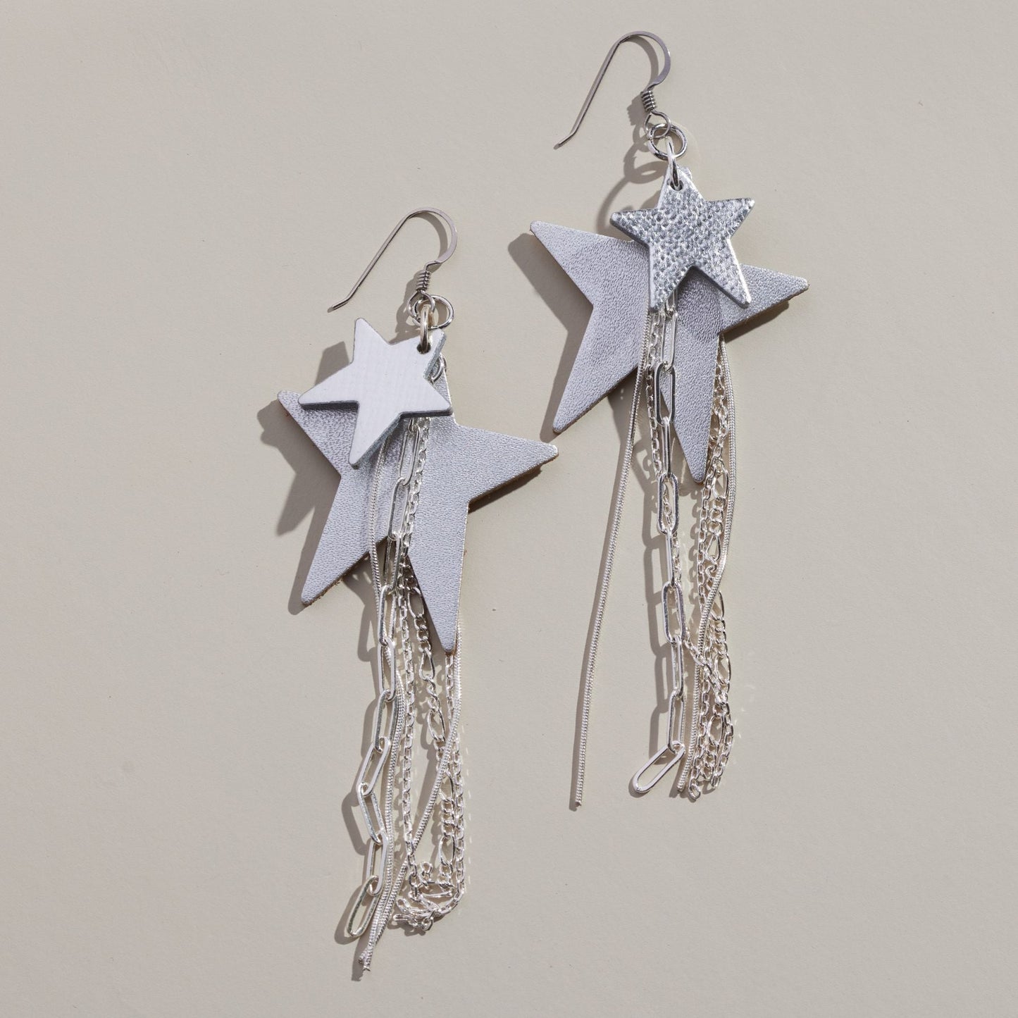 Silver Satin Zeppelin Star Fringe Earrings