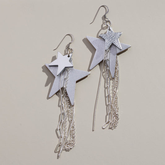 Silver Satin Zeppelin Star Fringe Earrings