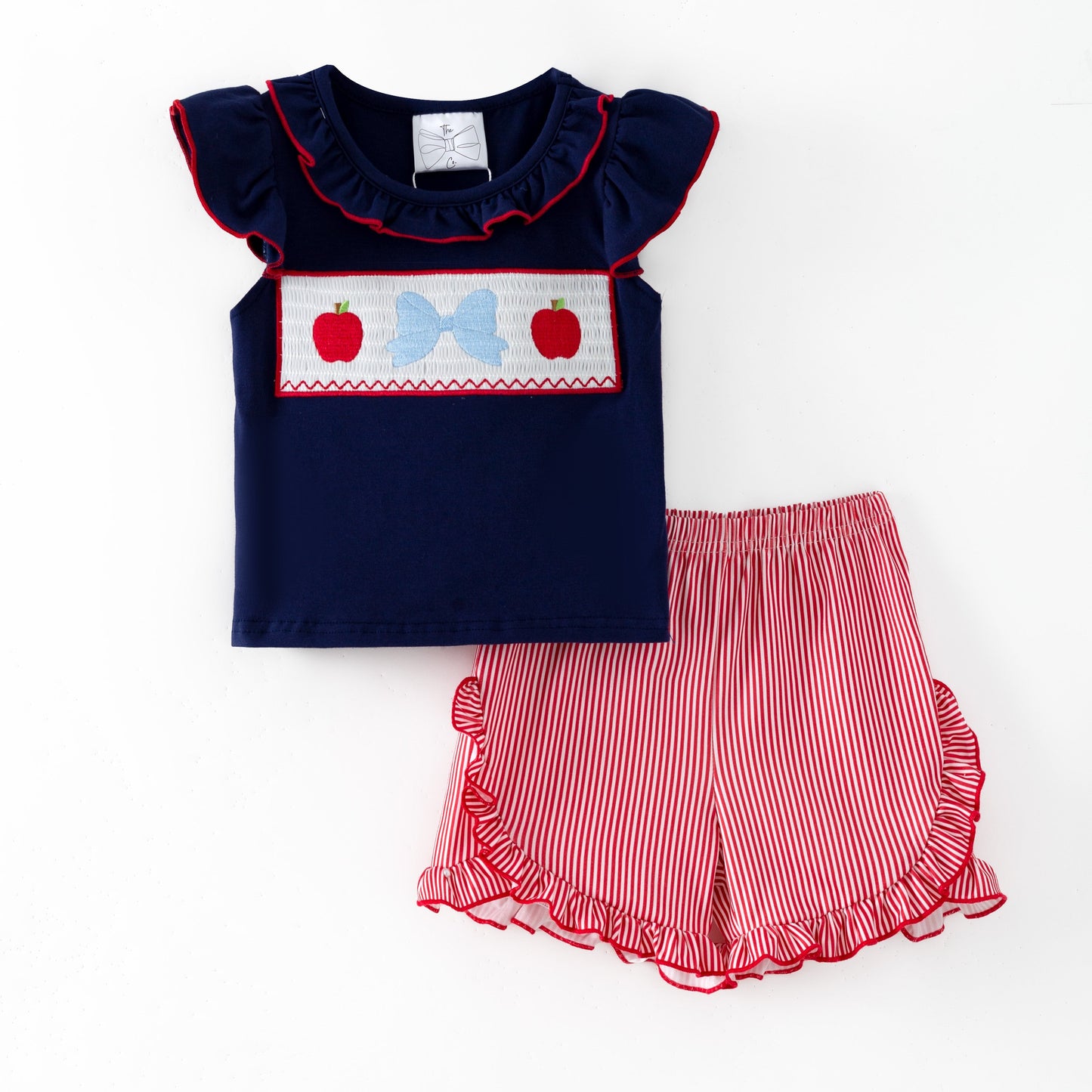 Apple Bow Smocked Top & Stripe Shorts Set | Girls School Outfit