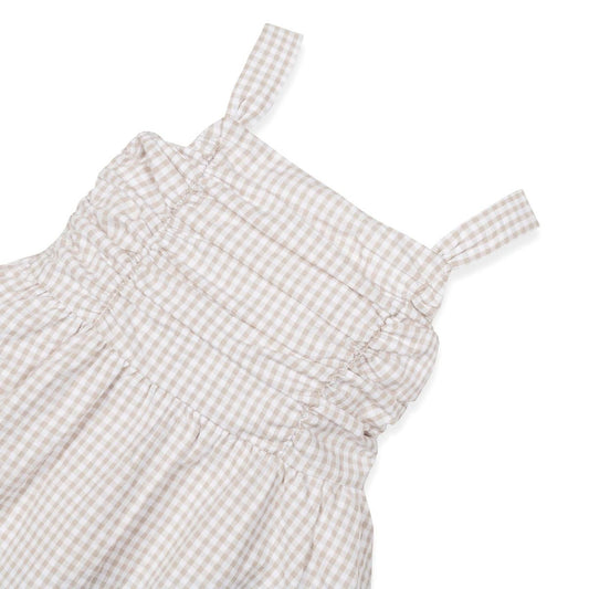 Baby Organic Ruched Bodice Party Dress - Taupe Gingham Seersucker