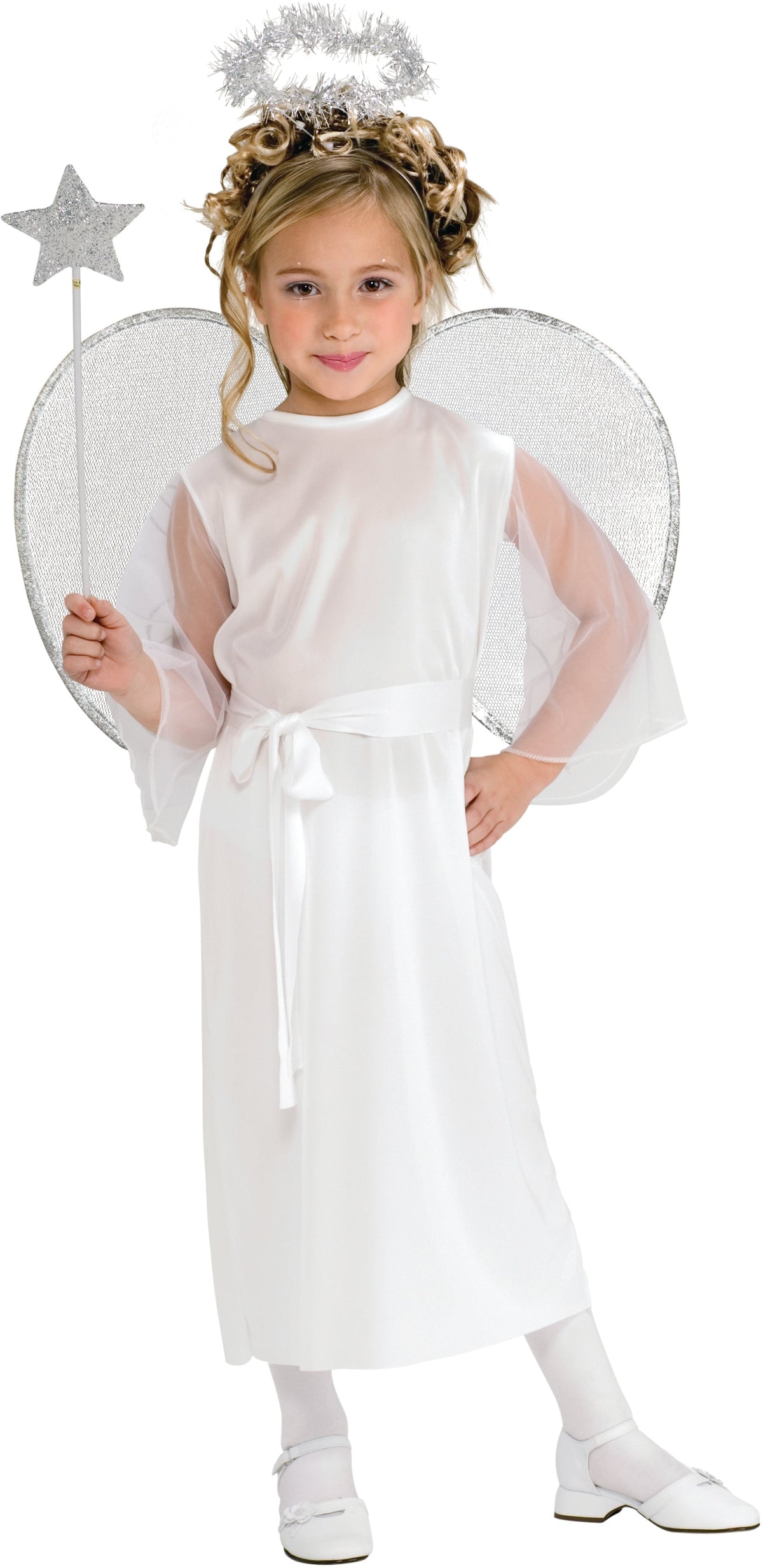 Angel Girls Costume White Polyester Dress Halo and Waist Sash