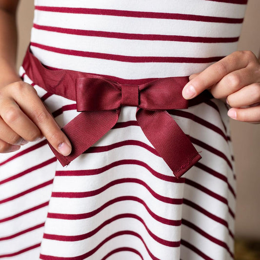 Organic Short Sleeve Skater Dress - White and Oxblood Stripe