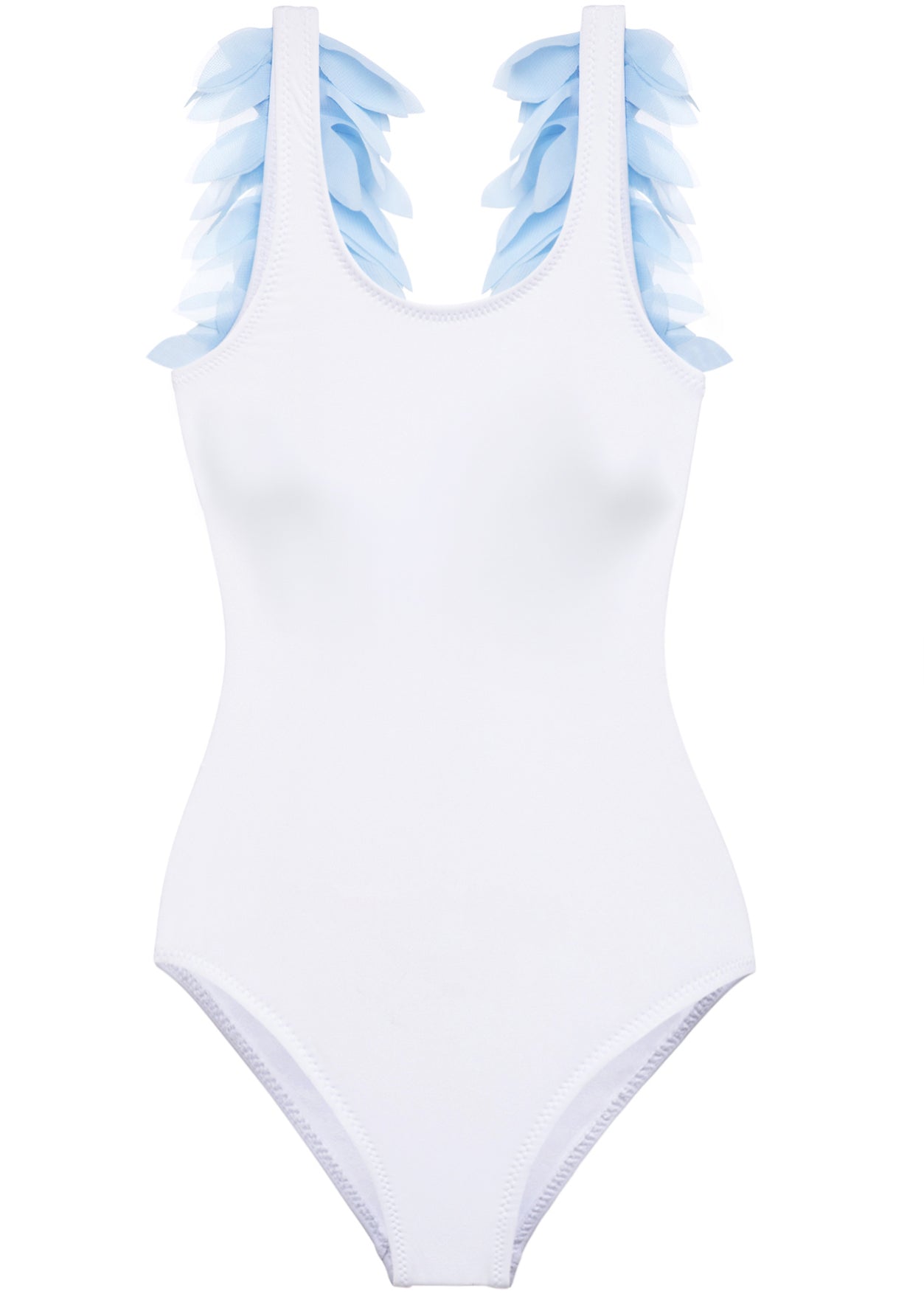 Womens White Bathing Suit with Blue Petals
