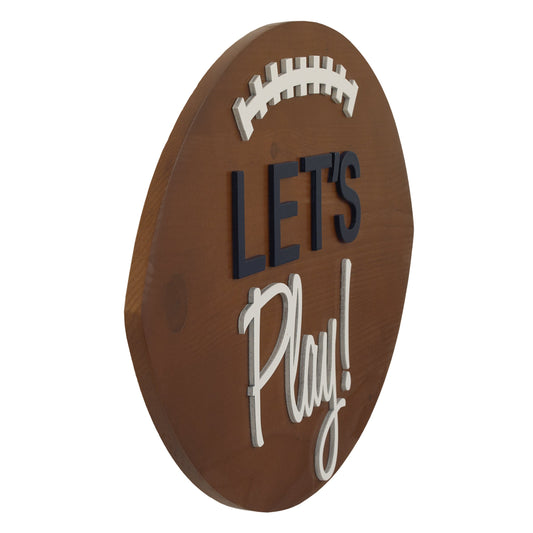 Football Shaped Let's Play Brown and White Wood Wall Decor