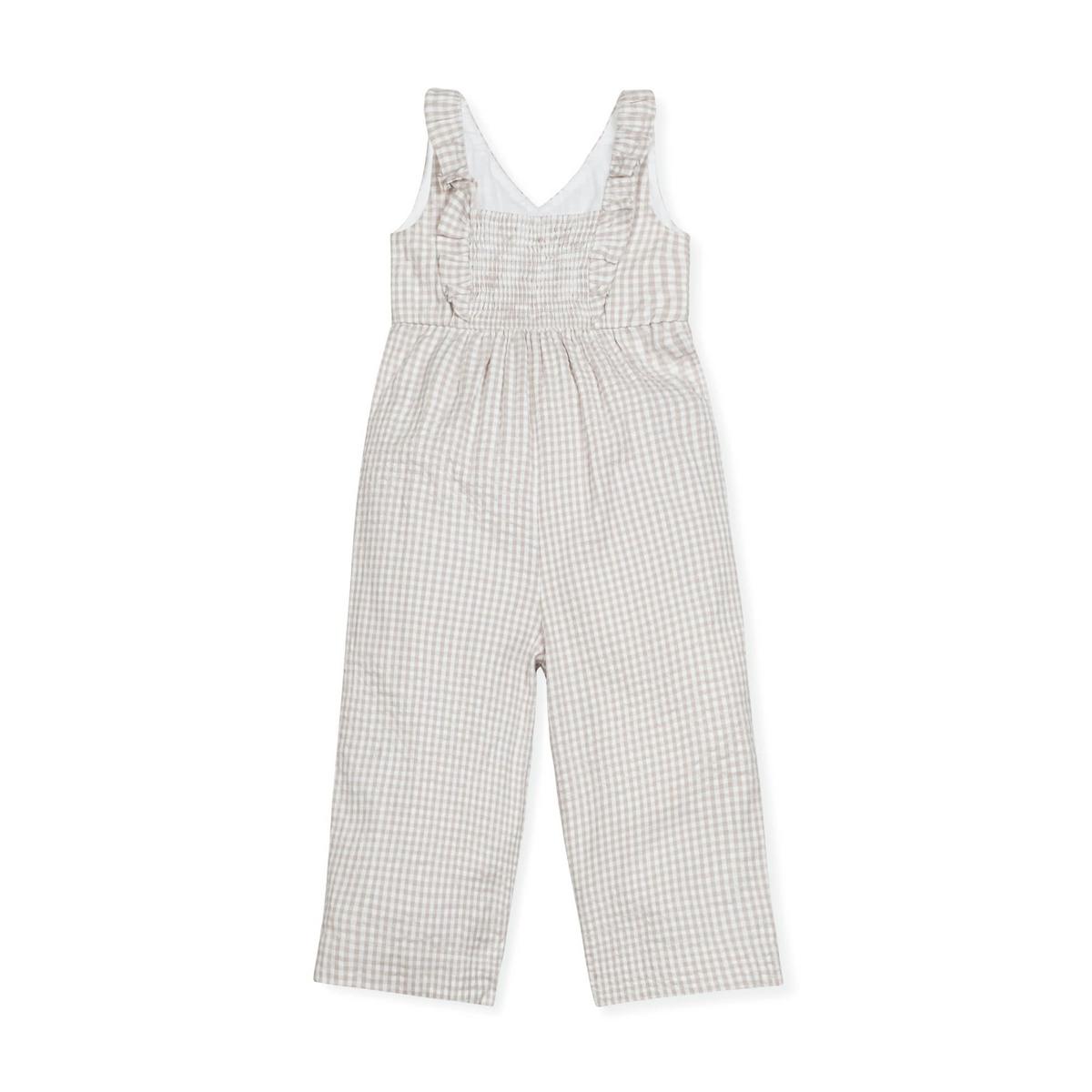 Ruffle Neck Organic Jumpsuit - Taupe Gingham Seersucker