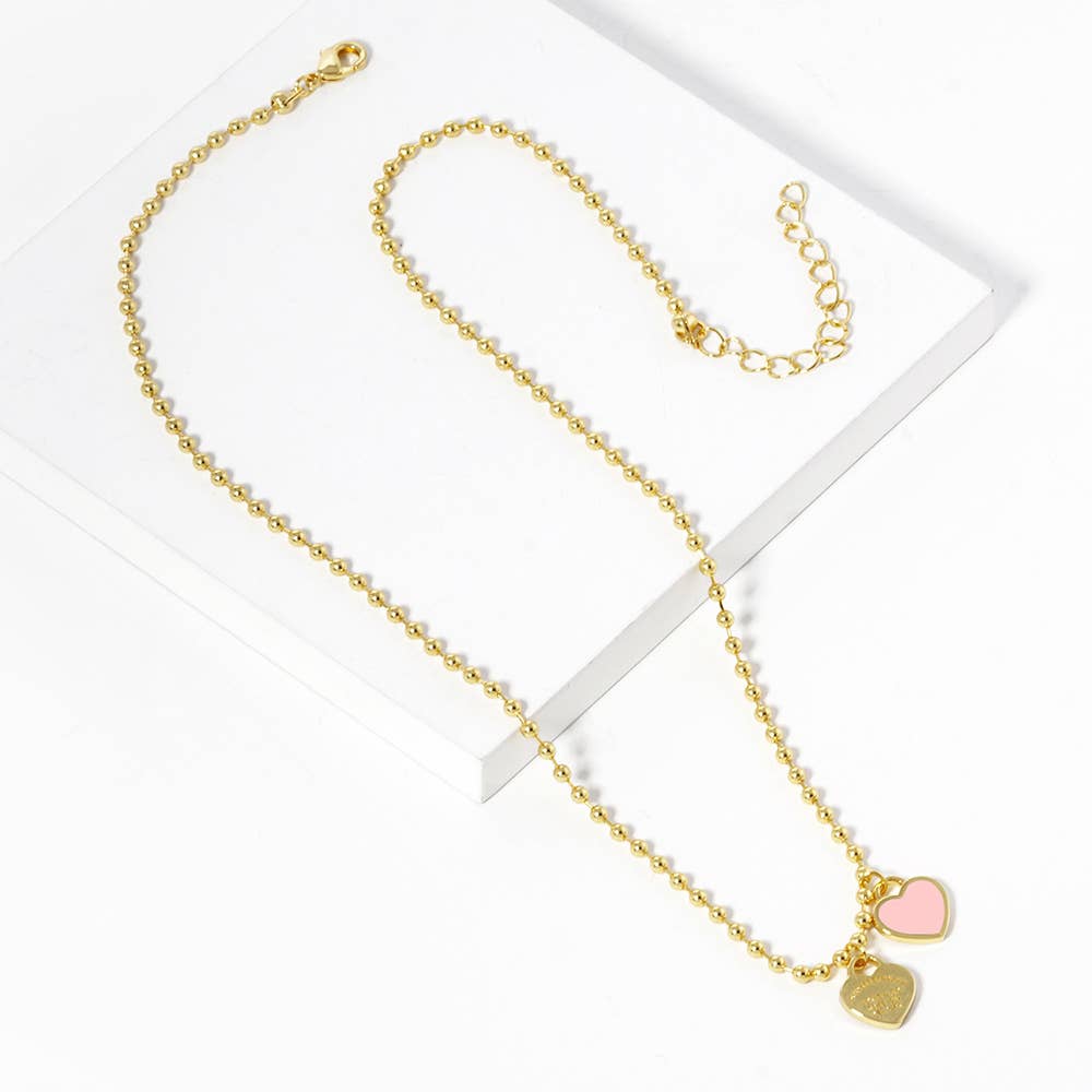 Gold Dipped Double Heart Pendant Bubble Chain Necklace
