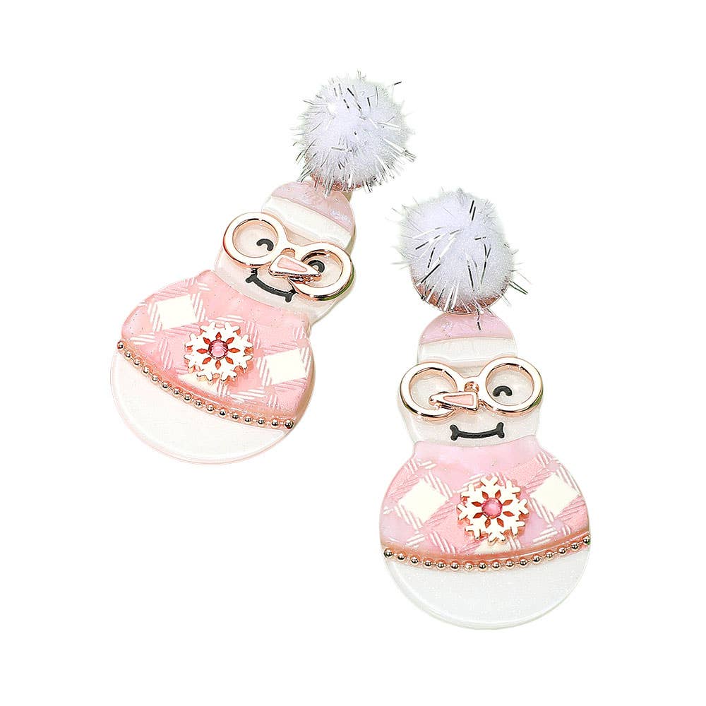 Pom Pom Resin Christmas Snowman Dangle Earrings