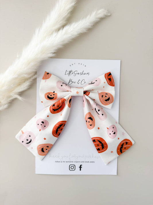 White, Pink & Orange Pumpkins Halloween Sailor Bow