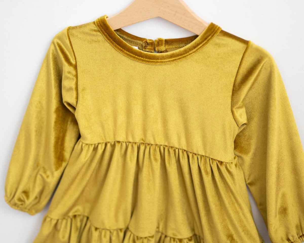 Groovy Velvet Gemstone Girls Dress in Greenish Gold