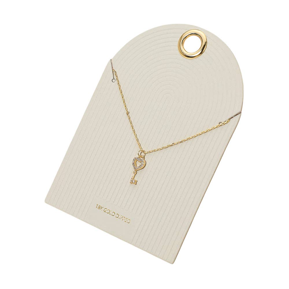 18K Gold Dipped Stone Paved Heart Key Pendant Necklace