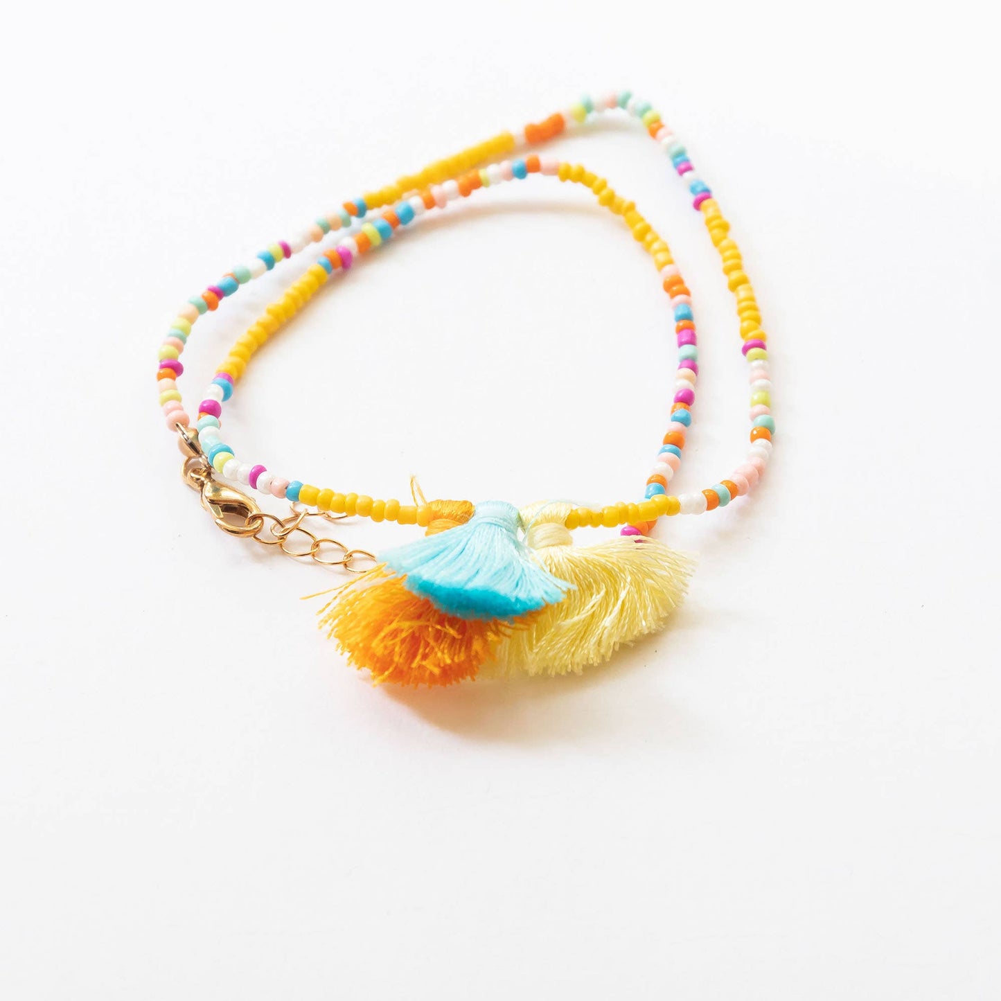 Bohemian Beads & Tassel Necklace | Yellow & Blue & Orange