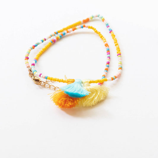 Bohemian Beads & Tassel Necklace | Yellow & Blue & Orange