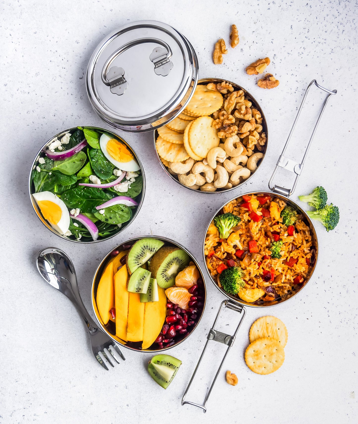 Ecozoi Stackable Lunch Box for Adult, 4 Tier Round with Spork, Stainless Steel, 55 Oz