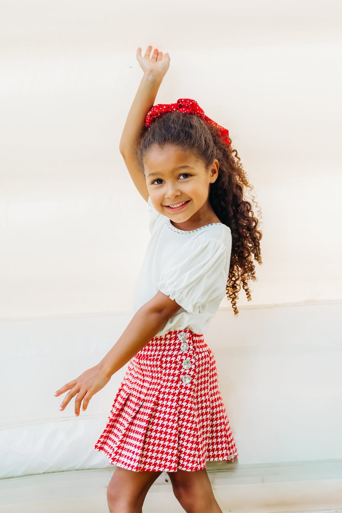 Red Houndstooth Gem Button Pleat Skirt - preorder