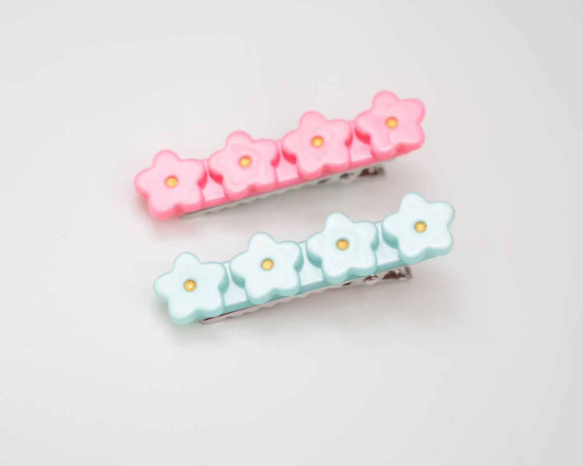 Pink and Teal Flower Hair Clip Set