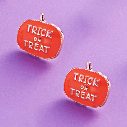 TRICK OR TREAT Message Enamel Halloween Pumpkin Stud Earring