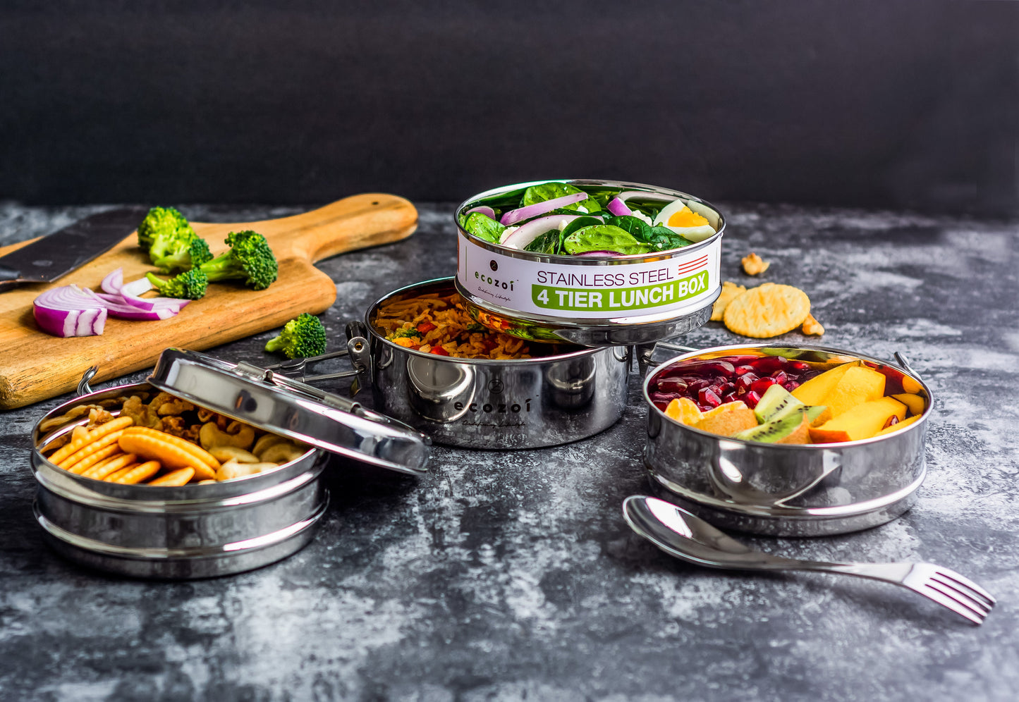 Ecozoi Stackable Lunch Box for Adult, 4 Tier Round with Spork, Stainless Steel, 55 Oz