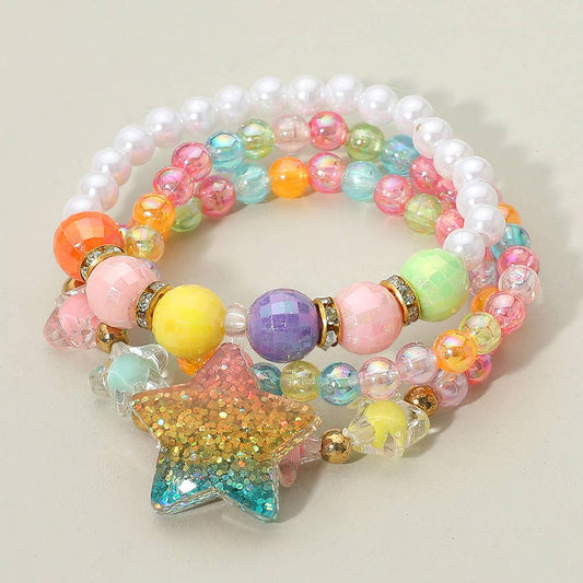 Kids Star Charm Accent Pearl Beaded Stretch Multi Layered Bracelets