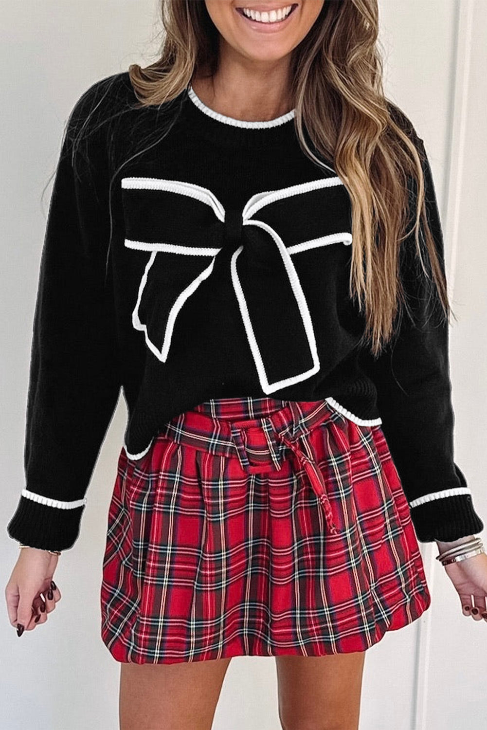 Bow Tie Contrast Trim Cropped Sweater