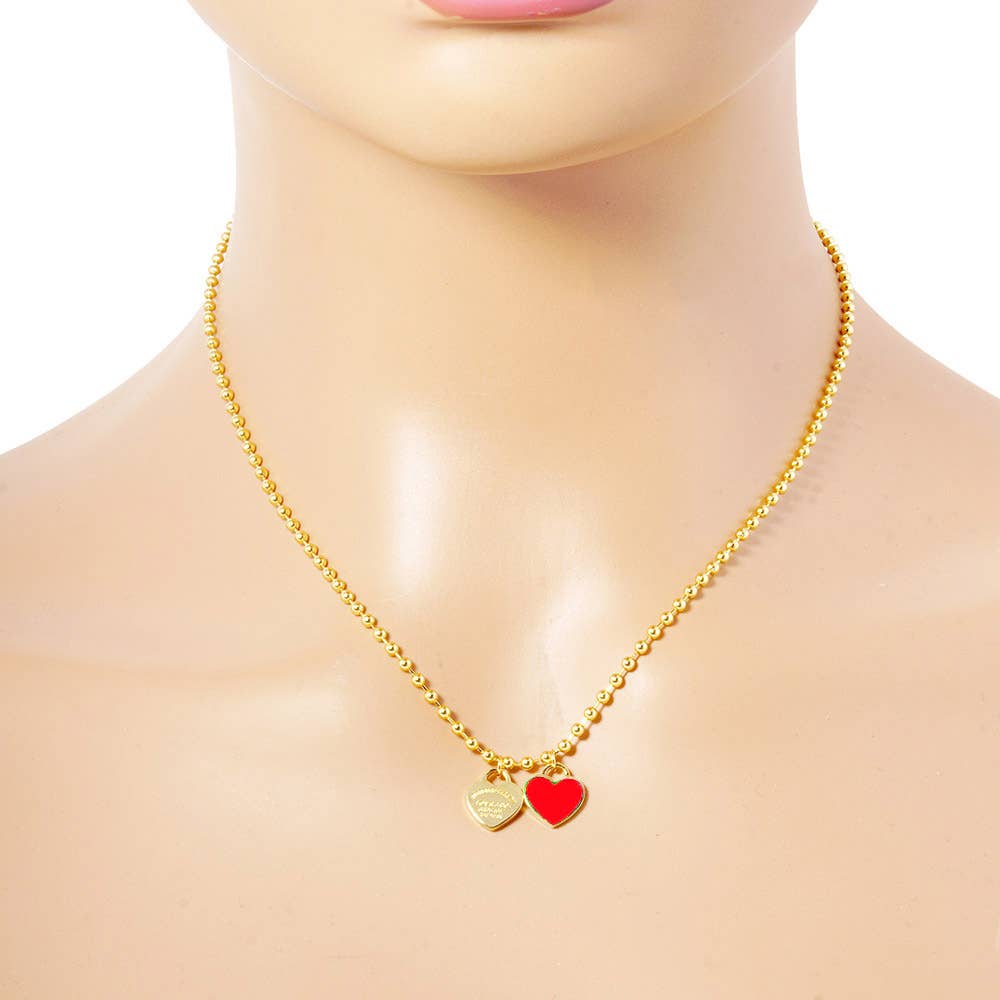 Gold Dipped Double Heart Pendant Bubble Chain Necklace