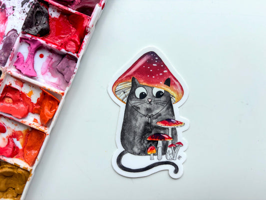 Black Cat with Red Mushroom Fungi Watercolor Vinyl Sticker