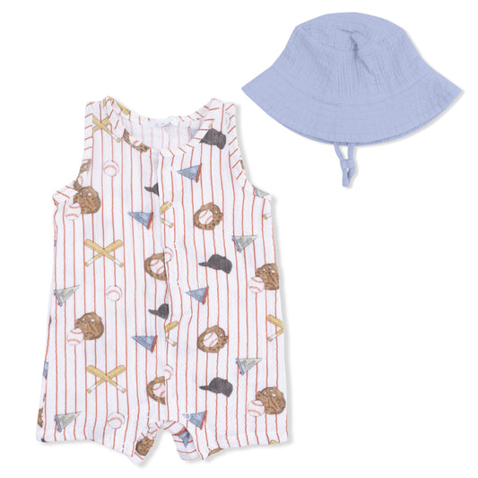 Vintage Baseball Stripe  - Muslin Sleeveless Shortie Romper with Bucket Hat