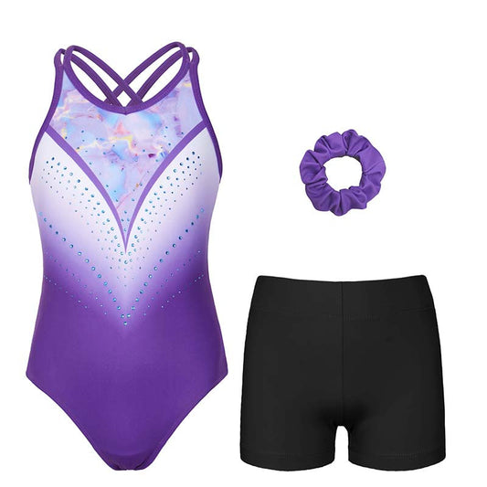 Lavender Diamond Crisscross Back Gymnastics Leotard Set for Girls