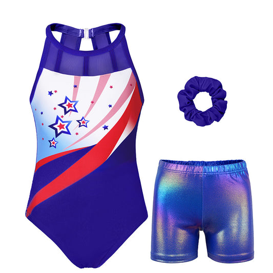 Independence Stars Mesh Tank Open Back Gymnastics Leotard Set
