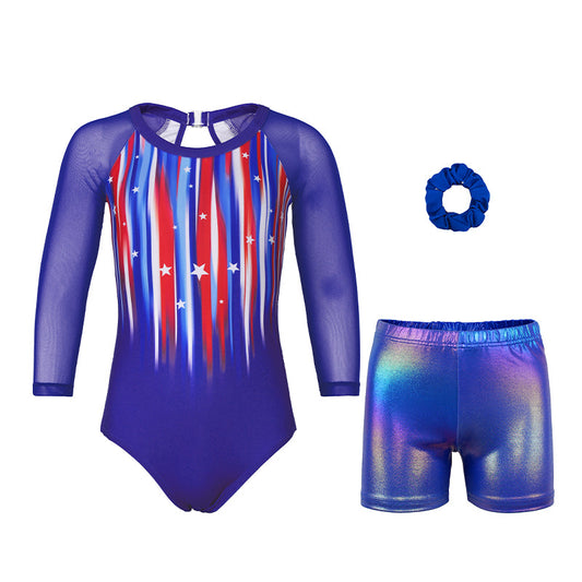 Celebrate Stars 3/4 Mesh Sleeve Gymnastics Leotard Set for Girls