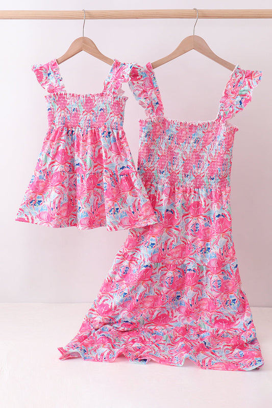 Pink floral smocked ruffle womens tiered dress