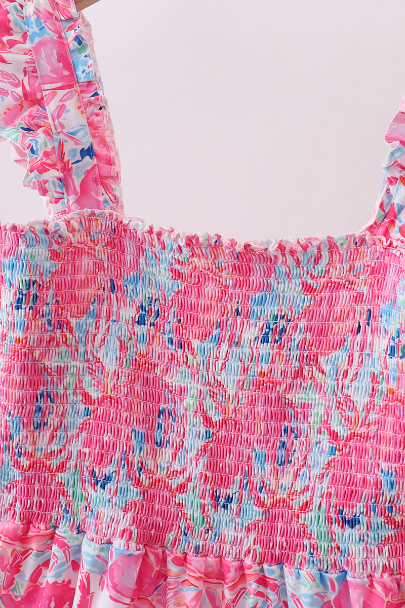 Pink floral smocked ruffle womens tiered dress