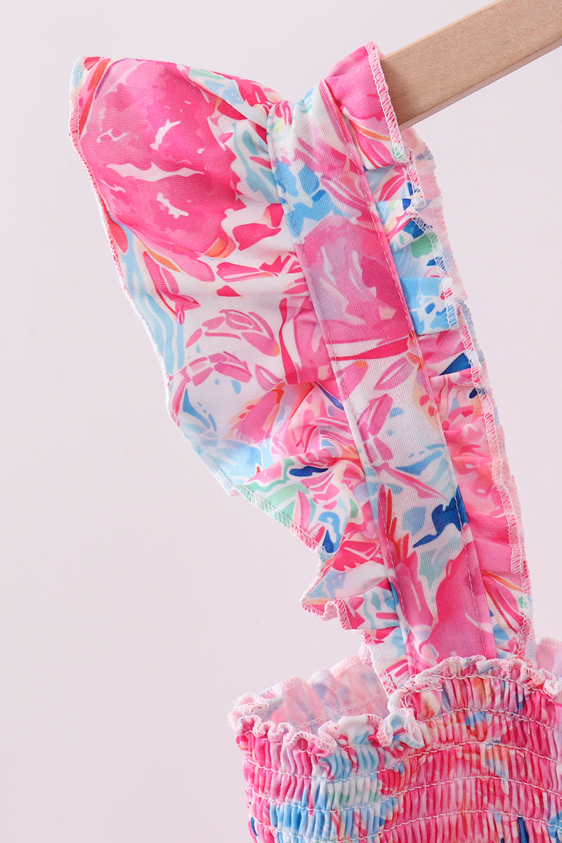 Pink floral smocked ruffle womens tiered dress