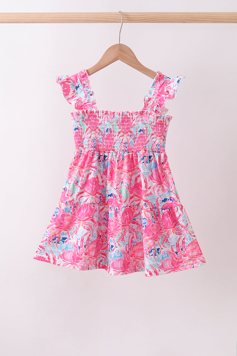 Pink floral smocked ruffle womens tiered dress