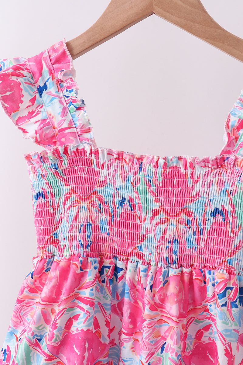 Pink floral smocked ruffle womens tiered dress