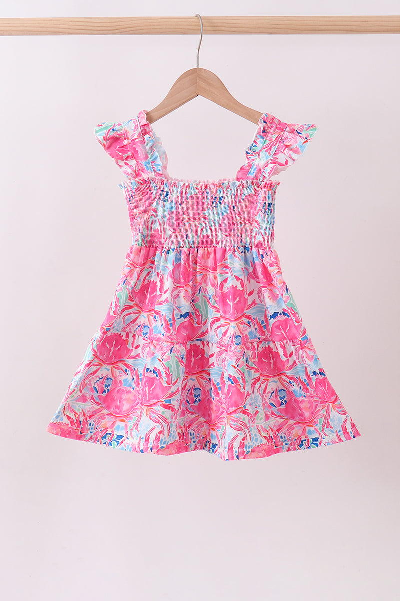 Pink floral smocked ruffle womens tiered dress
