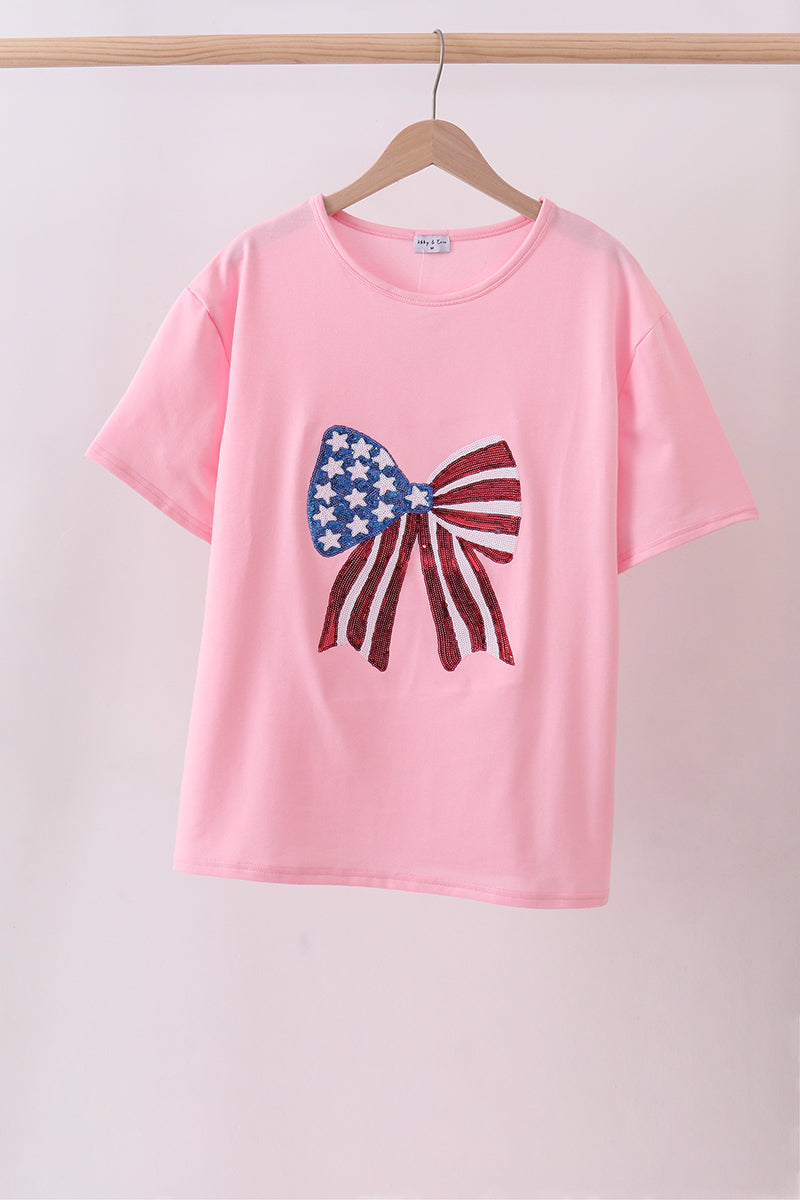Pink flag bow sequin mom & me shirt