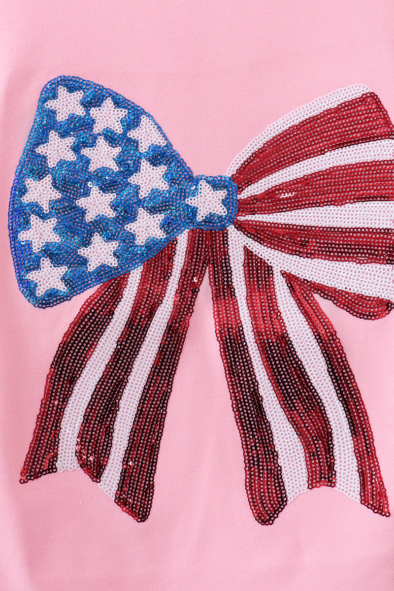 Pink flag bow sequin mom & me shirt