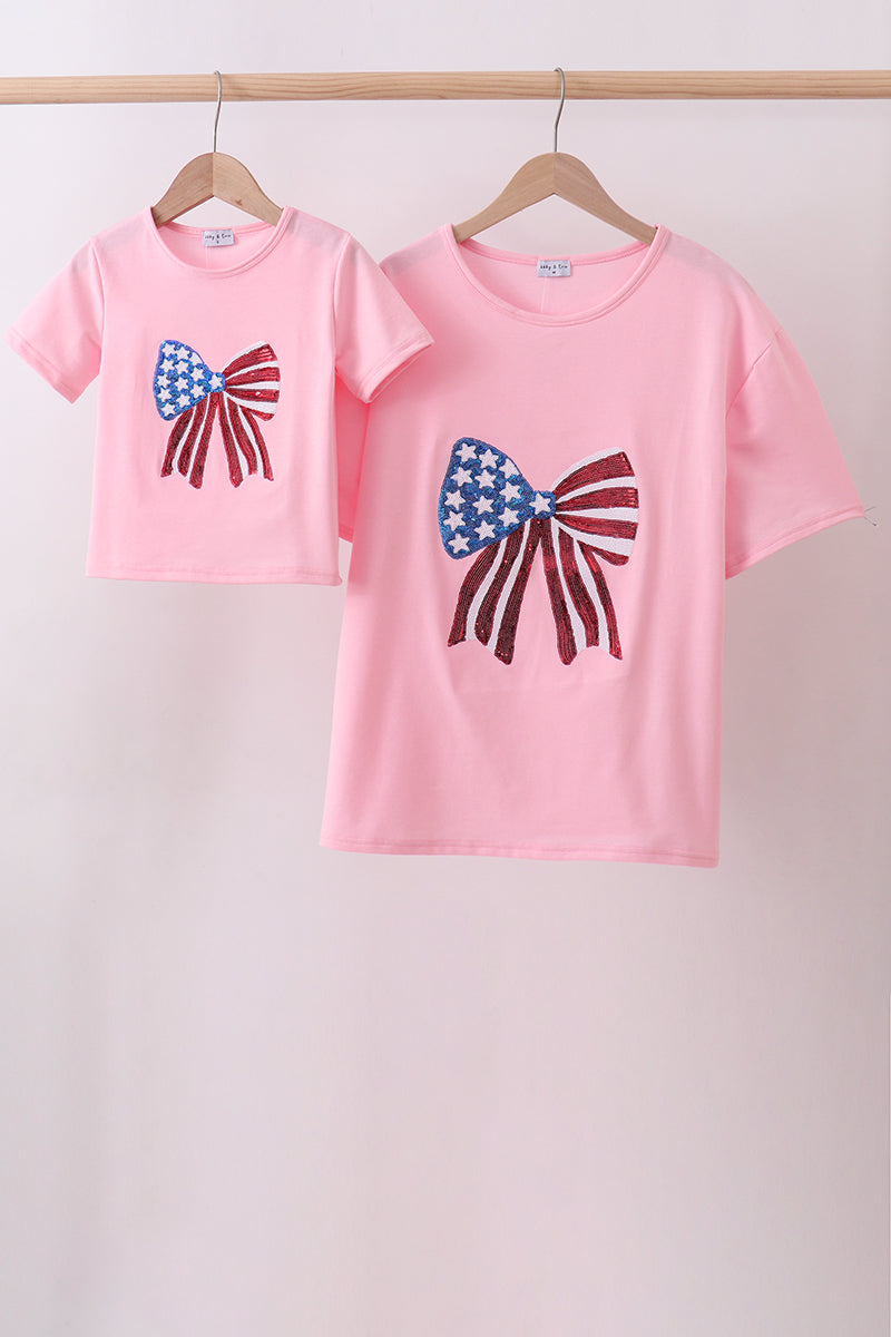 Pink flag bow sequin mom & me shirt