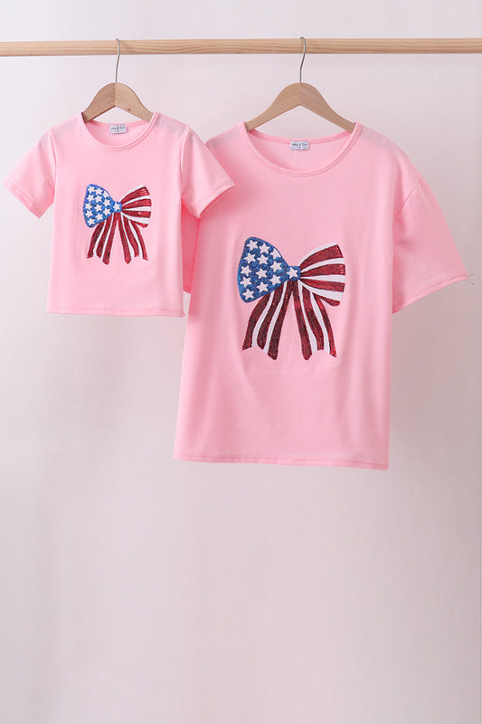 Pink flag bow sequin mom & me shirt