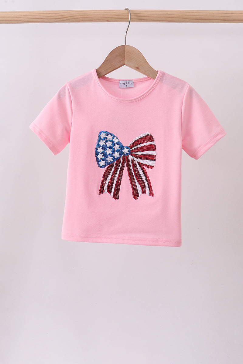 Pink flag bow sequin mom & me shirt
