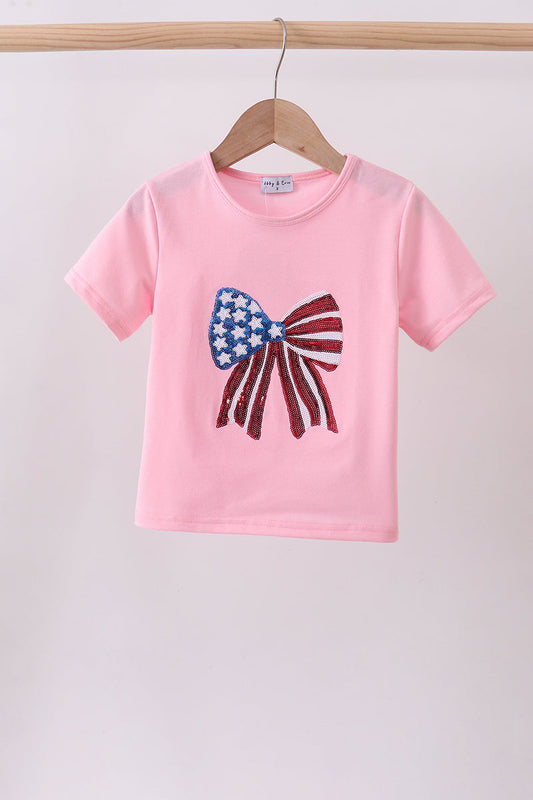 Pink flag bow sequin mom & me shirt