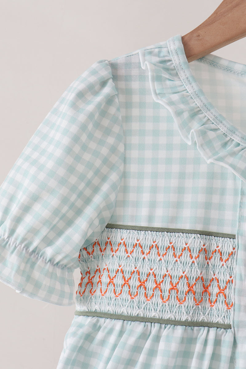 Sage pumpkin smocked gingham dress