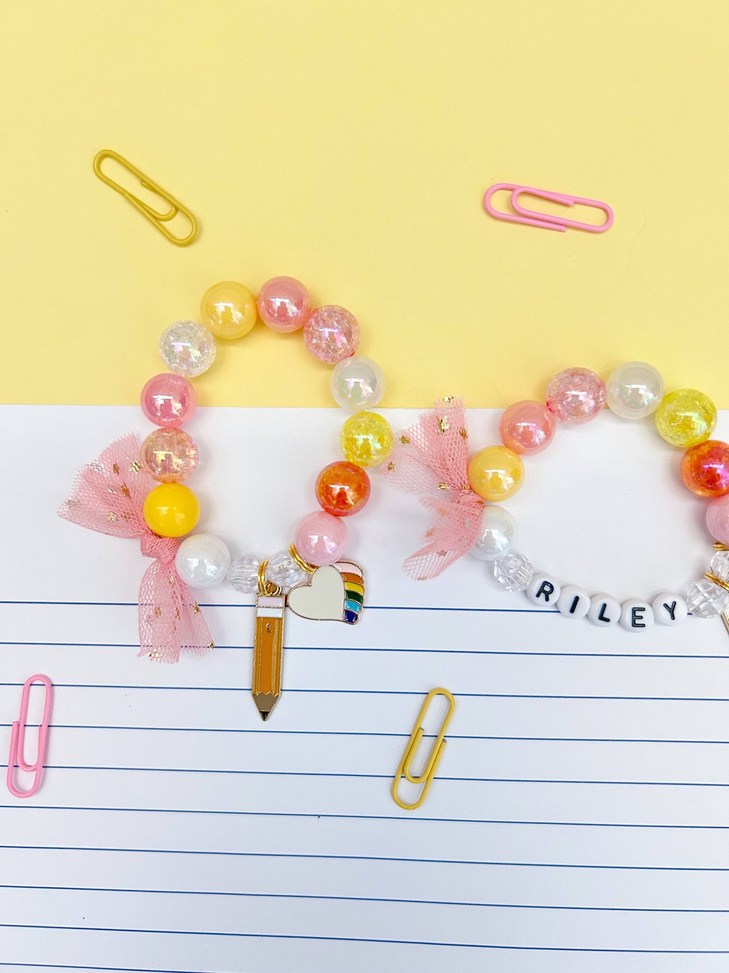 Kids Back to School Pencil and Heart Beaded Charm Bracelet