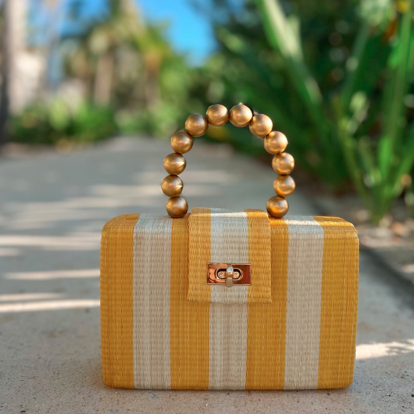 THE LOUISA Yellow & Cream Stripe Woven Straw Clutch Bag