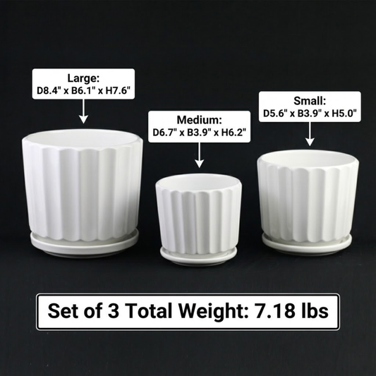 3-Piece White Ceramic Planter Pot Set with Fluted Design & Saucers