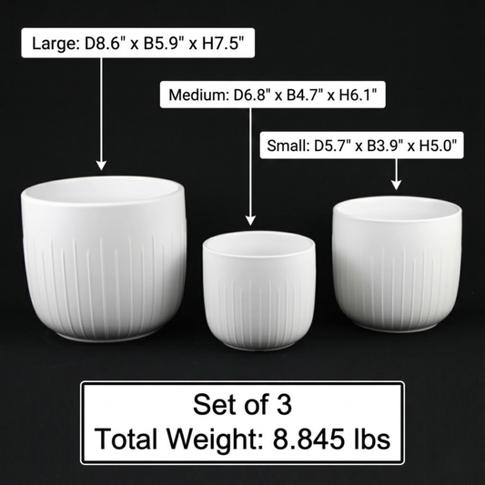 3-Piece White Stoneware Planter Pot Set with Vertical Groove Texture