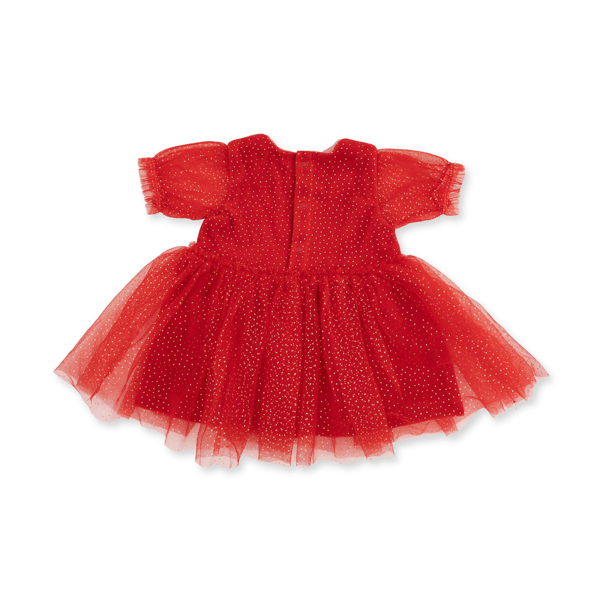 Velour Holiday Red - Puff Sleeve Dress with Tulle Overlay