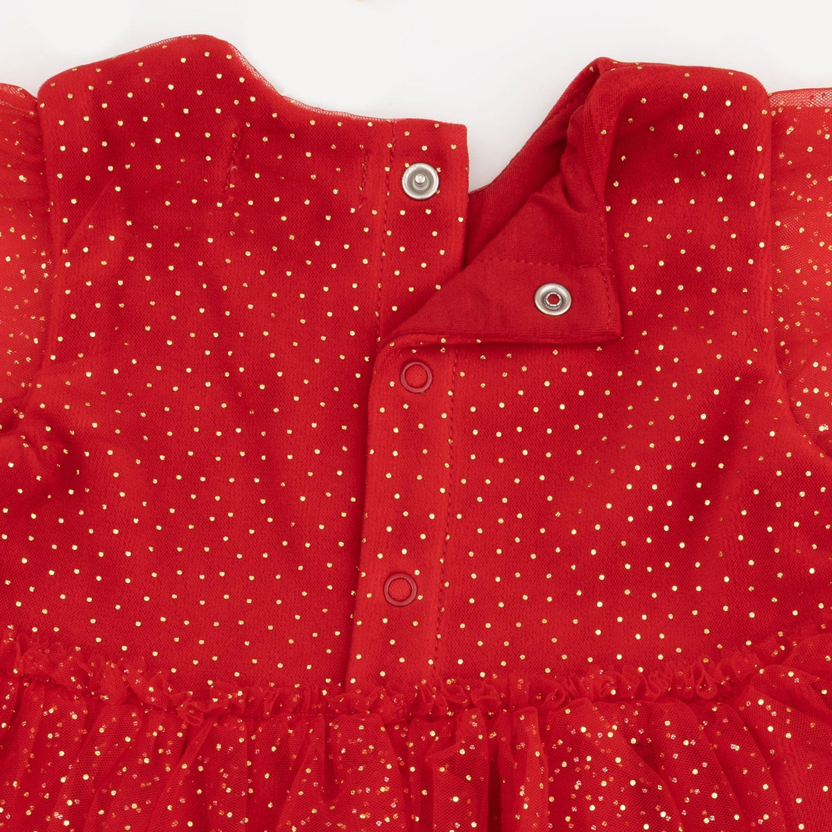 Velour Holiday Red - Puff Sleeve Dress with Tulle Overlay