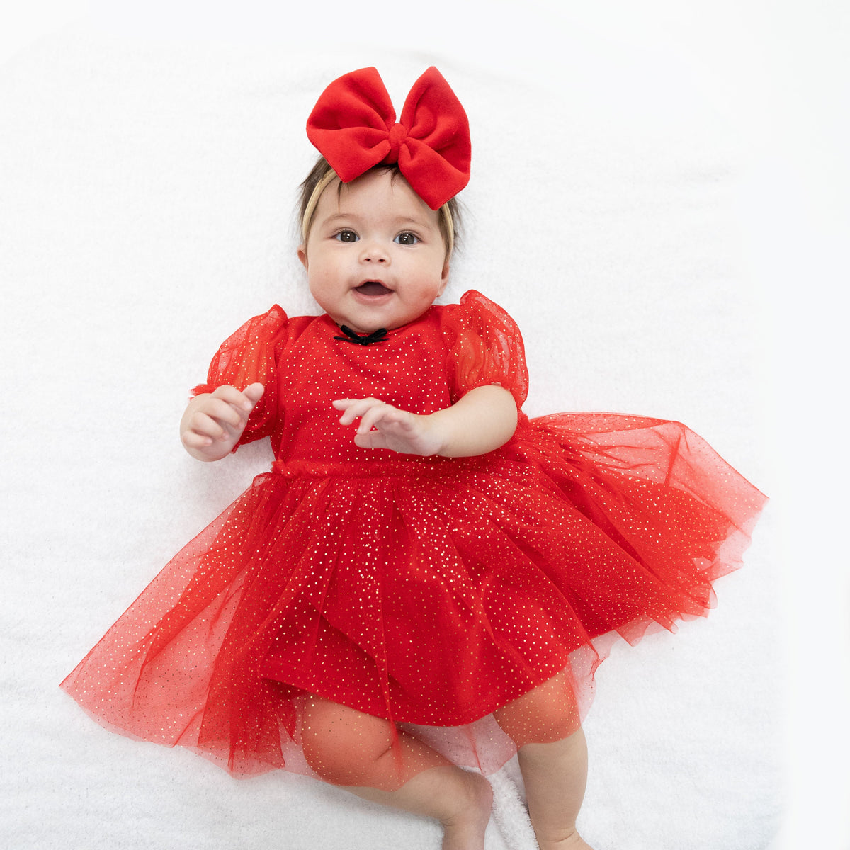 Velour Holiday Red - Puff Sleeve Dress with Tulle Overlay