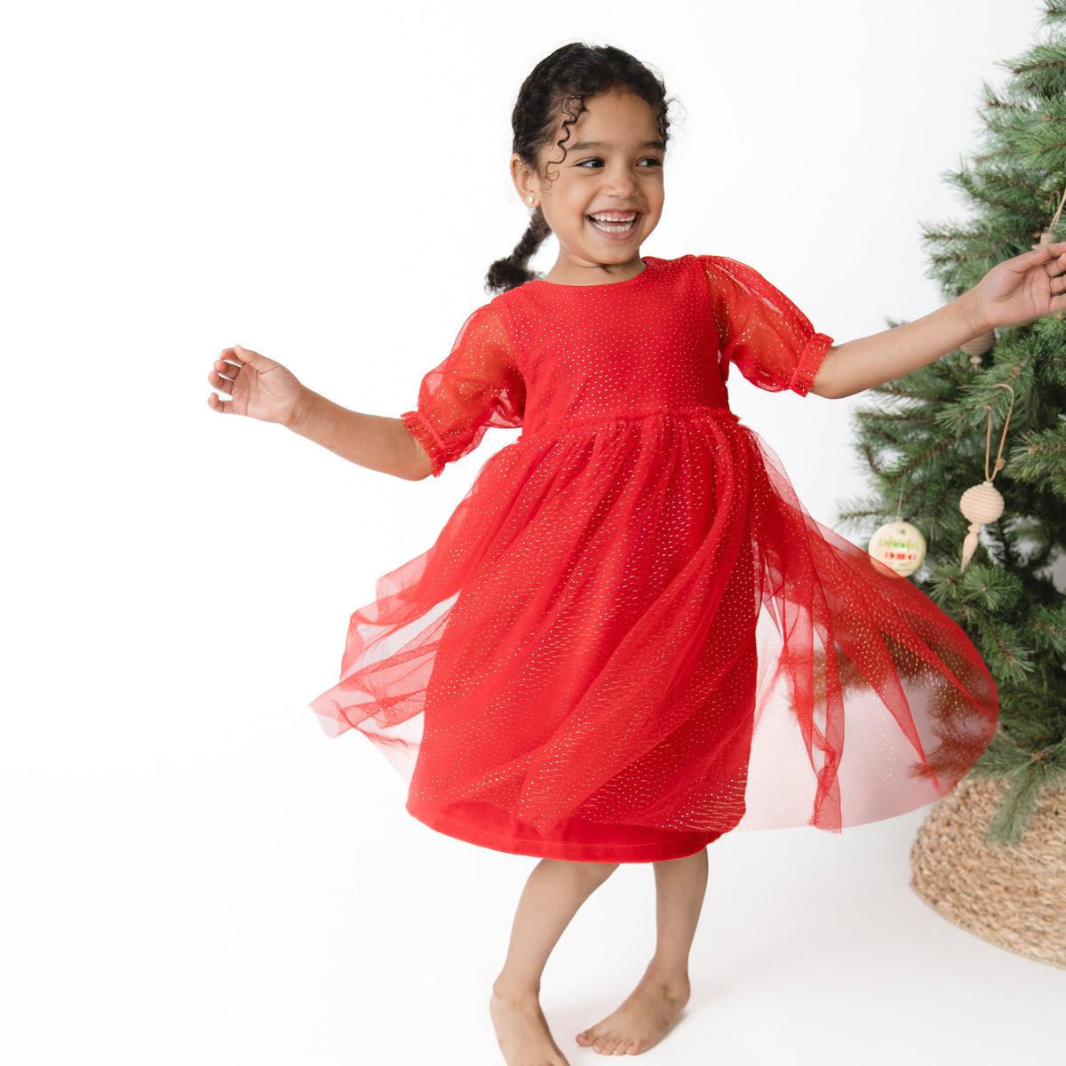 Velour Holiday Red - Puff Sleeve Dress with Tulle Overlay